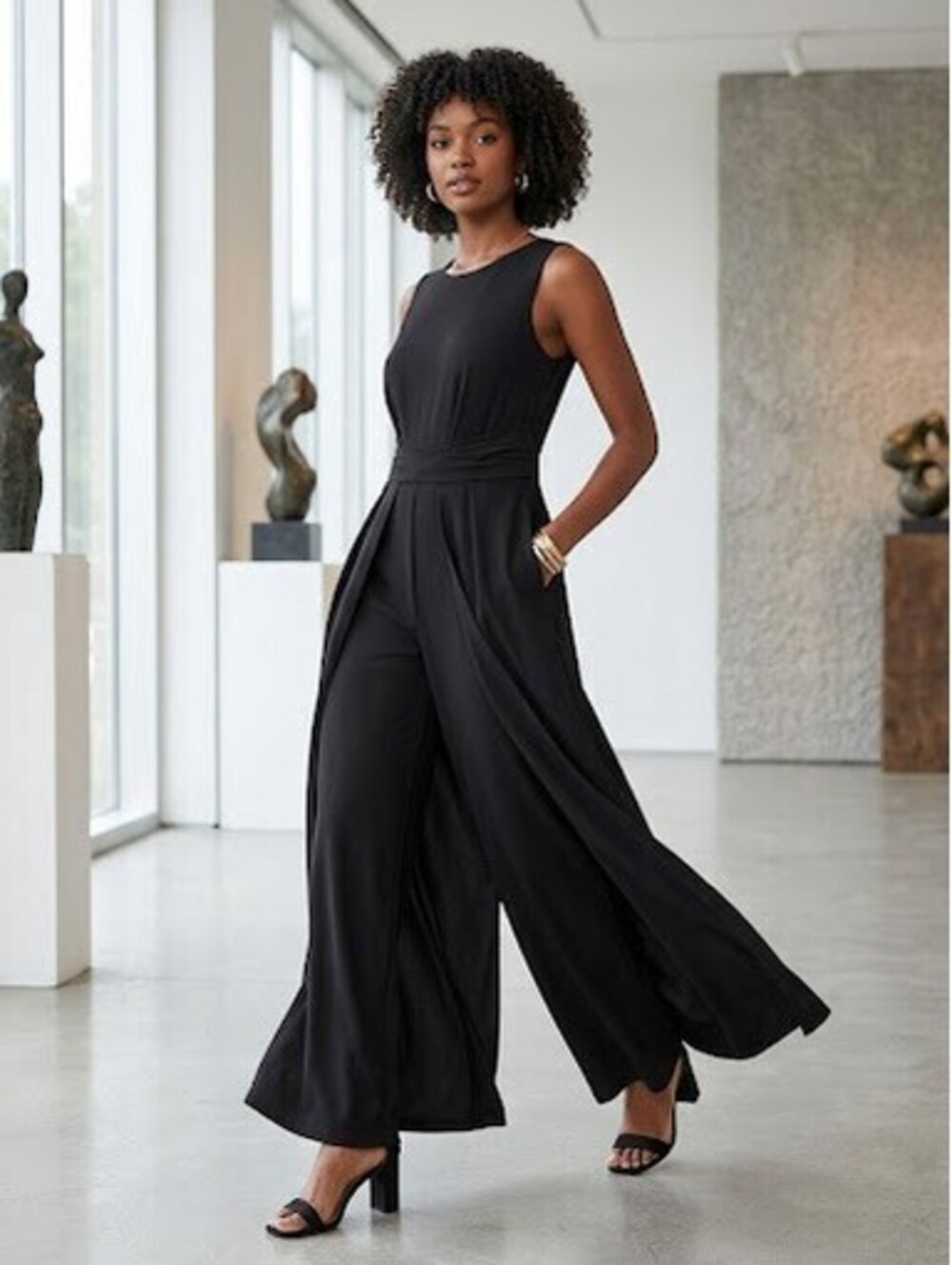 Nina Leonard black sleveless waide leg pocket womens jumpsuit L